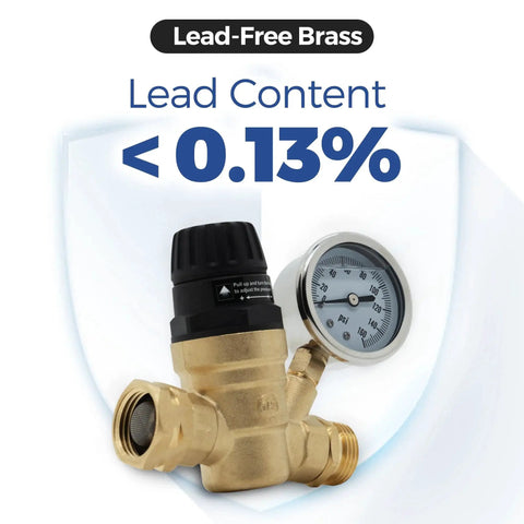 Adjustable Tool Free Water Pressure Regulator Valve With Gauge For RVs Campers Travel Trailers Brass Lead Free