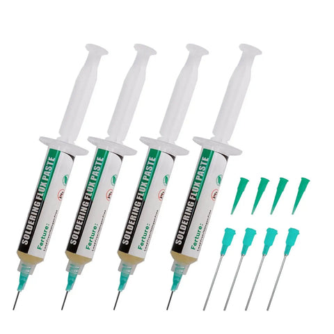 No Clean Soldering Flux Paste for Electronics Rosin Flux Lead Free 10cc syringes with needles and tips on white background