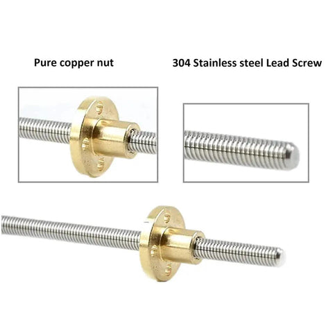 Five Millimeter Lead Screw 300 Millimeter Length Brass Nut For 3D Printer Z Axis 1 Millimeter Thread Pitch 2 Millimeter Lead Made From 304 Stainless Steel Rust Resistant Durable Nut And Screw Assembly High Precision Alignment For Stable Print Quality.