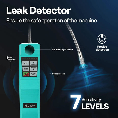 Leak detector from Dual Stage 110V 1 HP HVAC Vacuum Pump With 9.6 CFM Flow and 4 Way Manifold Gauge Kit, highlighting detection features.