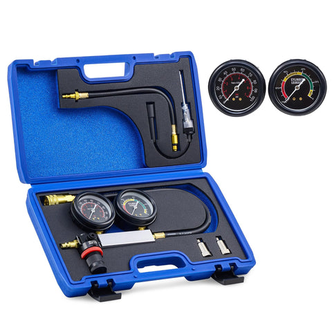 Orion Motor Tech cylinder leak-down tester kit in a blue carrying case with dual gauges, hoses, and connectors.