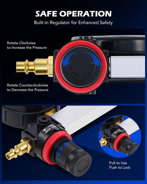 Orion Motor Tech cylinder leak-down tester kit with black body, red dial, and brass fittings.