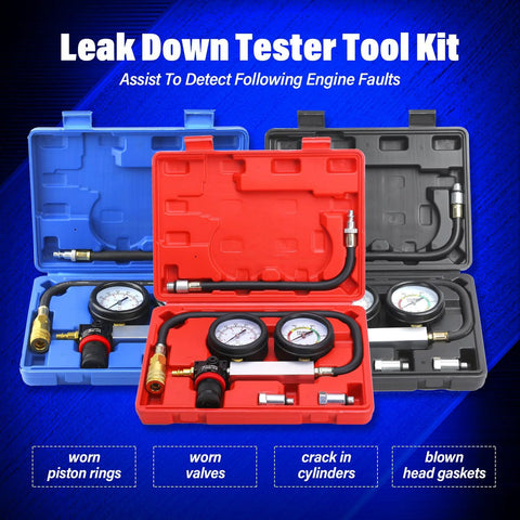 TU-21 engine leak-down tester kit; three-case set in blue, red and gray with gauges and hoses.