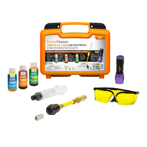 LeakFinder LF021 auto A/C leak detection kit in orange case with dye, injector, UV light, R134A hose, goggles