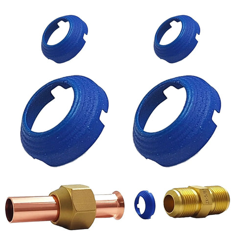 Blue leak-free SAE flare seal rings (4 pcs) for HVAC refrigerant fittings; includes copper tube and brass adapter.