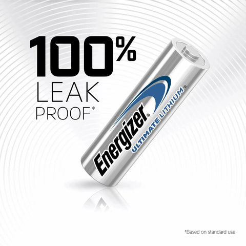 Ultimate Lithium AA Batteries Pack 24 Count For Cameras And Smart Home Devices shown with 100% leak proof feature.