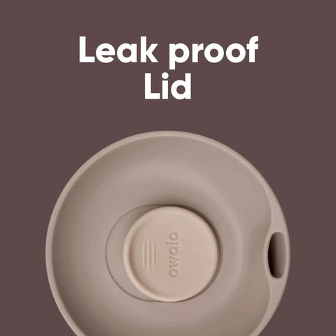 Top view of beige leak-proof SmoothSip slider lid for 12 oz insulated stainless steel tumbler, emphasizing lid's design feature.