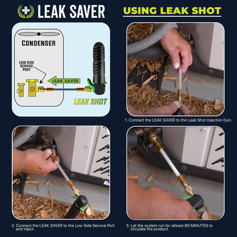 Leak Saver Direct Inject AC Leak Sealer 4-panel collage showing condenser diagram and injection gun steps