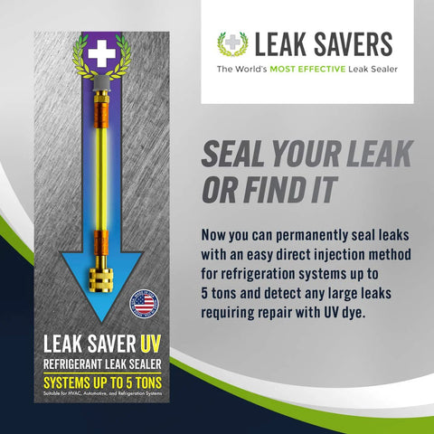 Leak Saver UV refrigerant leak sealer tool with yellow injection tube and brass fittings