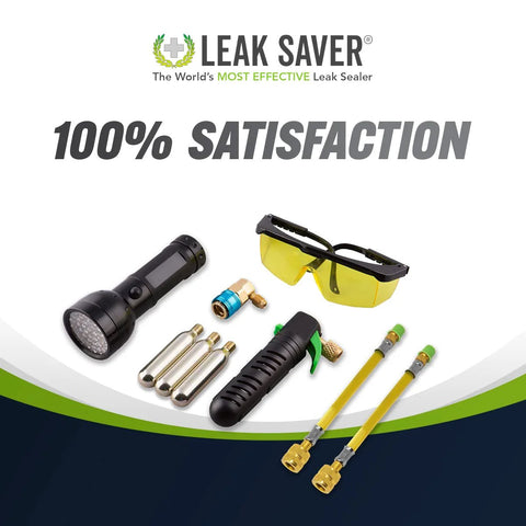 Leak Saver Leak Shot Dye Inject Kit with UV dye injector, yellow safety goggles, brass fittings