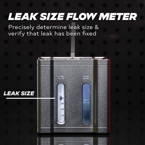 AutoLine Pro automotive leak tester unit in gray metal housing with left leak-size flow meter and right blue gauge.