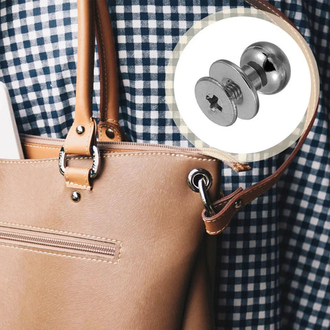 Tan handbag with metallic black stud detail, inset of 16Pcs Ball Head Button Stud Rivets With Screw Back For Leather Crafts.