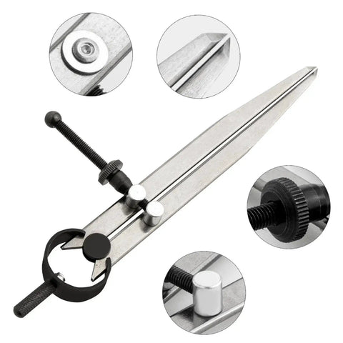 8 Inch Adjustable Leather Compass And 8 Inch Steel Ruler Drafting Set, carbon steel divider close-up, ideal for geometry and metalwork.