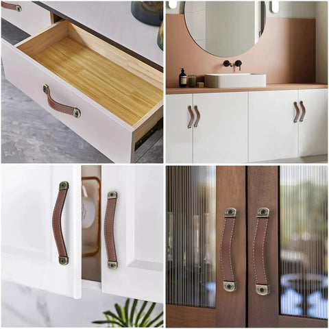 Leather Drawer Handles Set Two Pieces 7.5 Inch Brown Luggage And Suitcase Pull Handles with screws on cabinets and doors