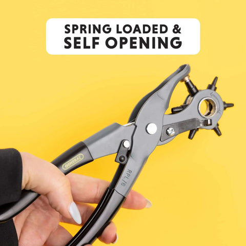 Six Size Leather Hole Punch Tool 8.5 Inch Heavy Duty Revolving Punch Pliers for leather canvas denim belts, spring-loaded design