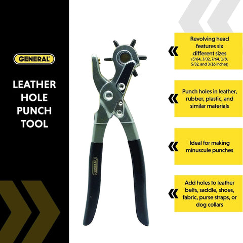 Six Size Leather Hole Punch Tool 8.5 Inch Heavy Duty Revolving Punch Pliers with six tips for leather, canvas, and denim.
