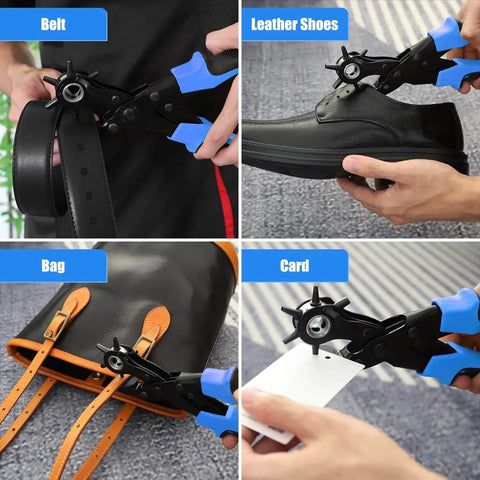 Leather Hole Puncher Kit With Six Hole Sizes 2mm To 4.5mm for Belts, Watches, Shoes, Crafting, and Fabric in use on belt, shoe, bag, and card.