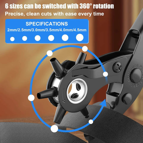 Leather Hole Puncher Kit With Six Hole Sizes 2mm To 4.5mm for precise punching in belts and fabric, featuring ergonomic design and plated steel.
