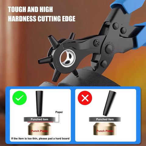 Leather Hole Puncher Kit With Six Hole Sizes 2mm To 4.5mm for Belts Watches Shoes Crafting and Fabric showing usage tips and features.