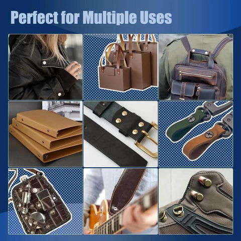 130 Sets Gunmetal Black Chicago Screws Leather Rivets Kit, 7 Sizes & 3 Screw Lengths, shown used in belts, bags, and bookbinding projects