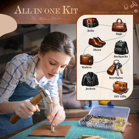 Person using Leather Rivets Kit Dope 240 Sets Metal Rivets Fasteners with 3 Setting Tools for leather repair belts bags