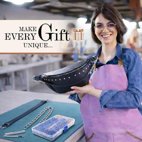 Woman holding a black leather bag with a leather rivets kit on table, highlighting Leather Rivets Kit Dope 240 Sets Metal Rivets Fasteners With 3 Setting Tools For Leather Repair Belts Bags And Crafts Four Colors And Three Sizes Great For DIY Leather Projects And Repairs.