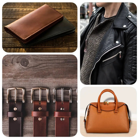 Leather wallet, jacket, belts, and handbag illustrating uses for 4mm Ball Head Stud Rivets With Screw Back For DIY Leather Craft Handbags And Belts