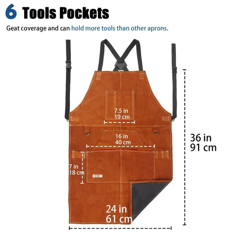 Leather Welding Apron With 6 Tool Pockets, Heat And Flame Resistant Cowhide, Heavy Duty Blacksmith Protective Apron, Brown