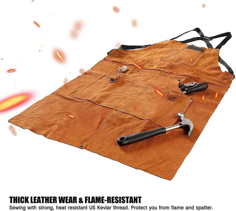 Leather Welding Apron With 6 Tool Pockets, Heat And Flame Resistant Cowhide, spread out with hammer, showing tool pockets.