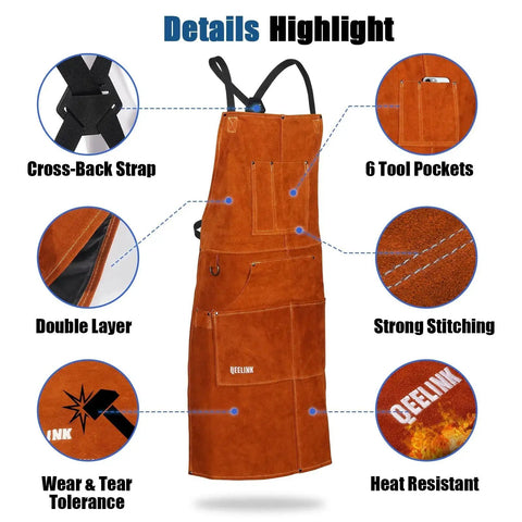 Leather Welding Apron With 6 Tool Pockets, Heat And Flame Resistant Cowhide, heavy duty apron details with cross-back strap and stitching
