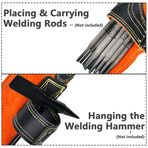 Flame-Resistant Leather Electrode Bag and Welding Rod Holder for Welders showing rods and hammer holder, cowhide wearable storage pouch