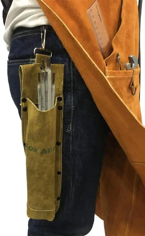 Person wearing Premium Leather Welding Rod Bag For Arc Welders With 100 Percent Cowhide Leather Heat Resistant And Flame Retardant Kevlar Stitching