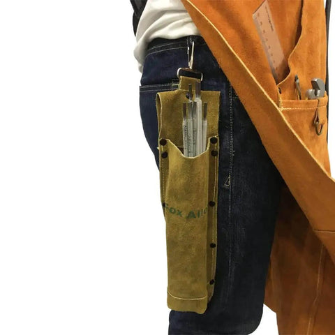 Premium Leather Welding Rod Bag for Arc Welders with cowhide, heat resistant, Kevlar stitching, attached to waist, holds electrodes