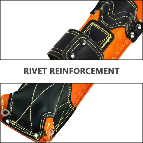 Close-up of rivet reinforcement on a Flame-Resistant Leather Electrode Bag and Welding Rod Holder for Welders, cowhide storage pouch.