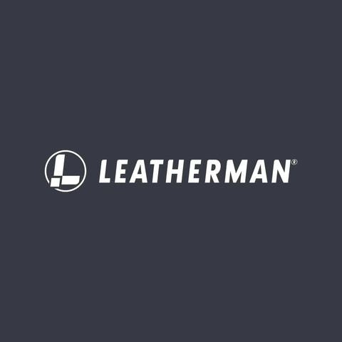 Leatherman logo in white on dark background, representing Leatherman Micra Keychain Multi Tool With Scissors And Knife Compact Stainless Steel EDC Tool.