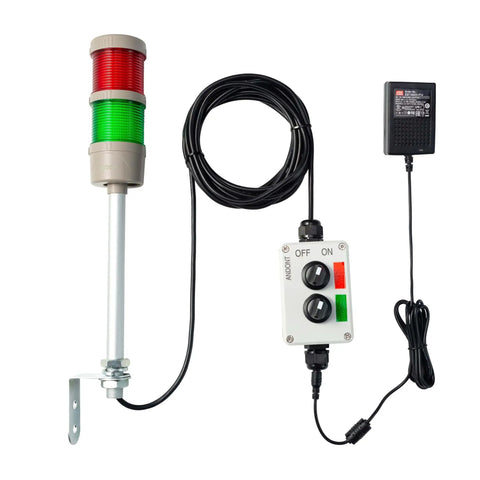 Two-Stack LED Andon Tower Signal Light with Buzzer for Industrial Lines, Red and Green, On Off Flash Modes, ABB Selector Switch, Mean Well Power Adapter
