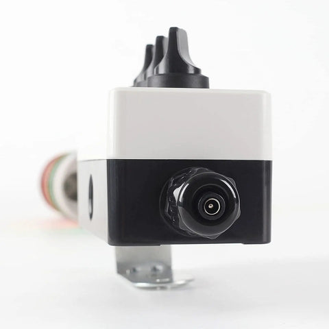 Side view of Three Level LED Andon Tower Light with Buzzer for the shop floor; ABB selector switch visible; plug connector in focus.