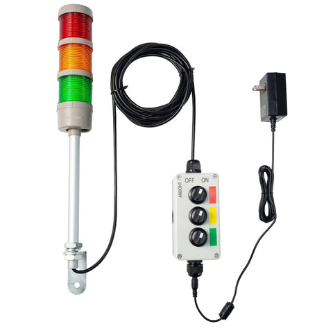 Three Stack LED Andon Tower Signal Light With Built in Buzzer For Industrial Production Lines Red Yellow Green Indicators In On Off And Flash Modes ABB Selector Switch Mean Well Power Adapter 6 Ft And 16 Ft Extension Cord Plug And Play Andont