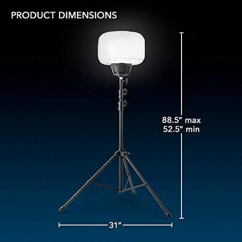 60W LED Balloon Light With Tripod For Outdoor Events By E Z UP 7,800 Lumens Over 5,000 Sq Ft 360 Degree Illumination Water Resistant Nylon Diffuser Easy Setup 120 Volt Input on tripod with dimensions
