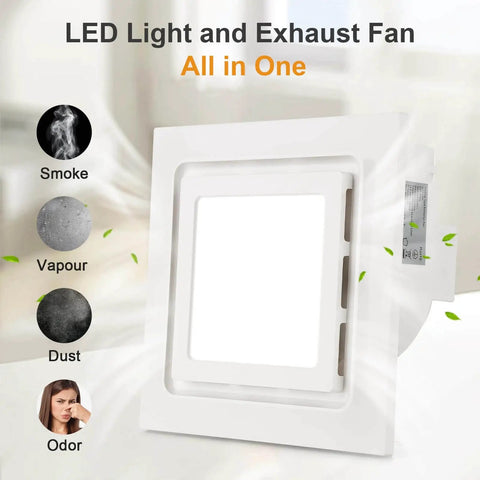 Front view of Whisper Quiet 10 Inch Bathroom Exhaust Fan With 6500K Fixed LED Light, 1.0 Sone, 145 CFM, 8.3 By 8.3 Inch Ceiling Mount.