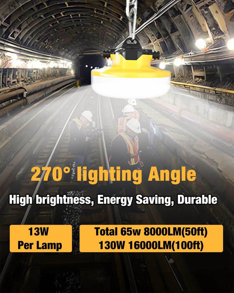 Ultra Bright 100ft LED Construction String Lights installed in a tunnel, showing 16,000 Lumens illumination for work site lighting