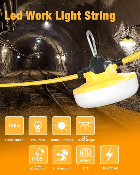 Ultra Bright 100ft LED Construction String Lights, 130W 16,000 Lumens, Linkable 5000K Work Site Lighting for Construction Jobs in tunnel