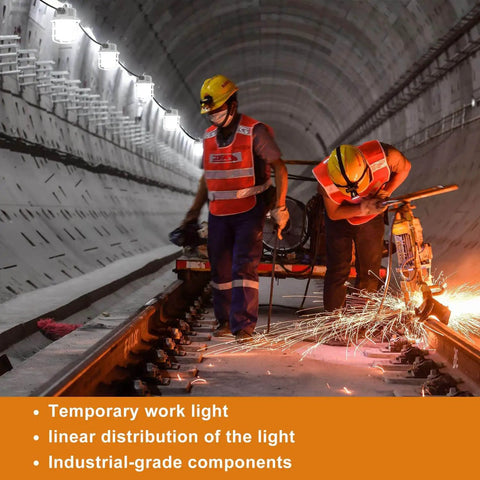 Workers using Beefed Up 100ft LED Construction String Lights for Job Sites, linkable and hook ready, in an underground tunnel.