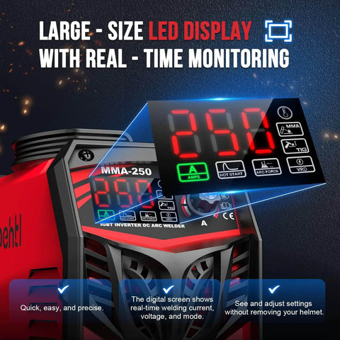 Beefy 250 Amp Stick Welder with Dual Voltage LED display showing real-time welding stats