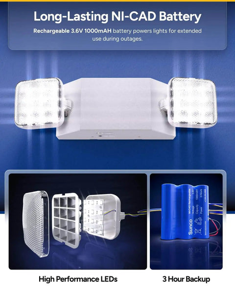 Six Pack LED Emergency Lights For Business With Backup Battery And 90 Minute Run Time, Wall Mount, Hard Wired, 120 To 277V