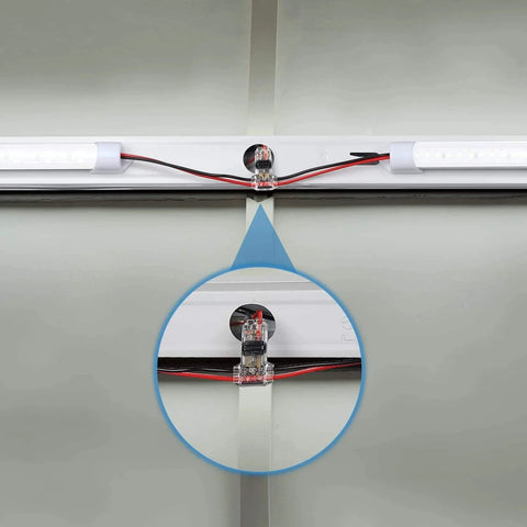 65.6ft 22 AWG LED Extension Cable with 12 Piece 3 Way T Tap Wire Connectors installed between LED lights