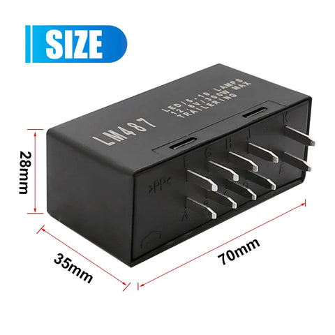 Close-up of LED Flasher Relay for Turn Signals and Hazard Lights Hyperflash Fix, showing dimensions, LM487 model