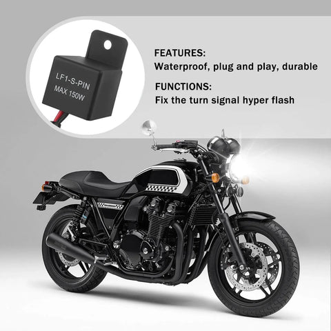 LED Flasher Relay For Motorcycle Turn Signals 12V Two Wire Two Pin Electronic Blinker shown with motorcycle, durable and weather resistant.