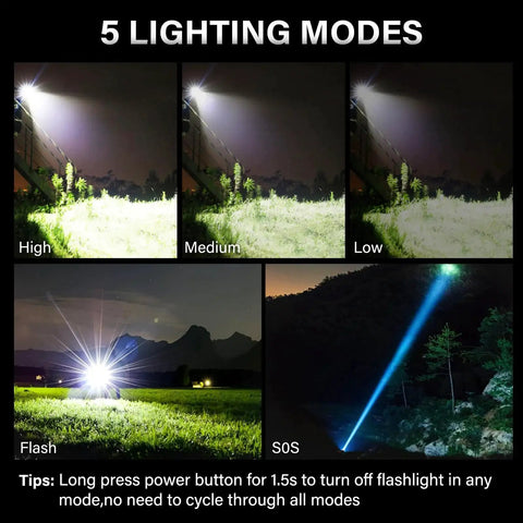 Rechargeable LED Flashlight 99000 Lumens Ultra Bright Zoomable Head USB C Fast Charge 5000mAh Five Mode Lighting Display