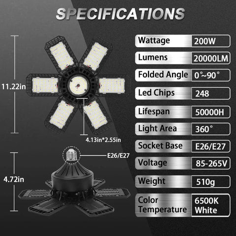 4 Pack LED Garage Light 200W 20000LM 6500K Shop Lights With 6 Plus 1 Deformable Panels Screw In E26 E27 Socket Ceiling Garage Lighting For Warehouse Workshop Basement Barn product specifications diagram